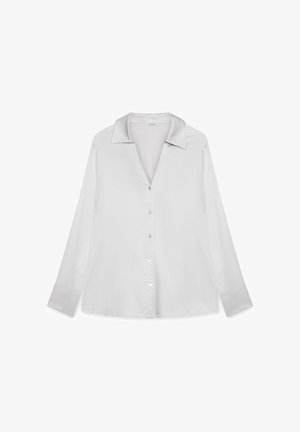 Blusa a maniche lunghe di un grigio chiaro, realizzata in tessuto liscio, con colletto a punta, chiusura a bottoni e una leggera lucentezza. Vestibilità classica.