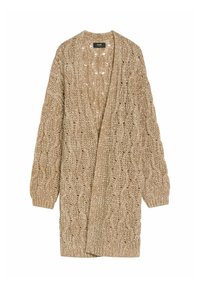 Beżowy sweter dziergany z otwartym przodem, z wzorem w warkocze i długimi rękawami, wykonany z miękkiej, teksturowanej mieszanki przędzy.