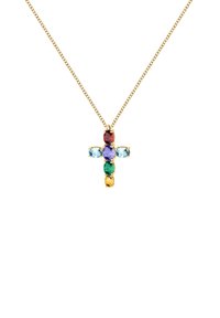 Collana d'oro con pendente a forma di croce adornato da cinque gemme multicolori: rosso, viola, blu, verde e giallo, con una finitura liscia.
