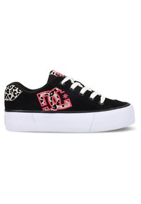 Black canvas sneaker with white laces, pink graphic design, and leopard print accents on the heel. Thick white rubber sole.