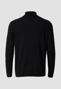 Schwarzer Pullover mit hohem Kragen, langen Ärmeln und einem körpernahen unteren Saum. Hergestellt aus glattem, weichem Material ohne sichtbare Muster oder Akzente.