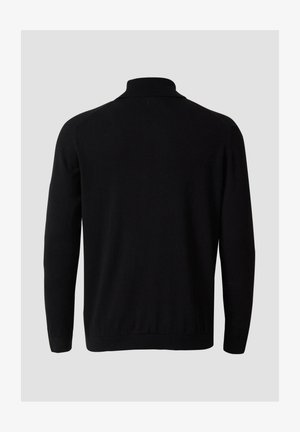 Zwarte trui met een hoge kraag, lange mouwen en een aansluitende onderzoom. Gemaakt van een glad, zacht materiaal zonder zichtbare patronen of accenten.