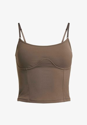 Braunes Trägershirt aus glattem Stoff, mit dünnen Trägern und einer geschwungenen Naht entlang der Bustlinie. Kurzer, eng anliegender Schnitt.