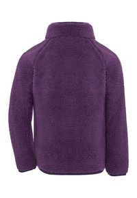 Μαλακό μωβ fleece μπουφάν με μακριά μανίκια και ψηλό γιακά, εμφανίζεται από πίσω σε λευκό φόντο.