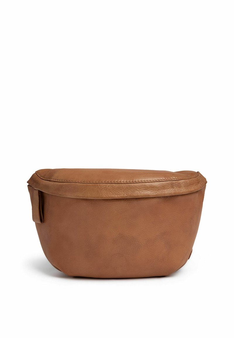 Borsa in pelle marrone con forma rotonda, texture liscia e dettagli cuciti. Presenta una chiusura con zip e un manico laterale per una facile portabilità.