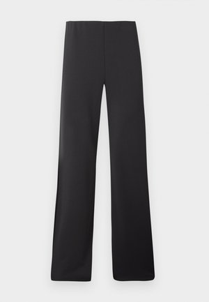 Zwarte wijde broek gemaakt van een gladde stof, met een hoge taille en een volledige lengte, zonder zichtbare patronen of hardware.