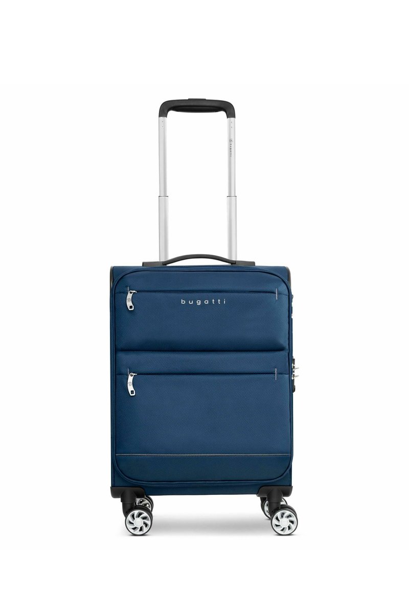 Valigia blu navy con ruote, dotata di un esterno in tessuto texturizzato, due cerniere frontali e un manico telescopico. Presenta quattro ruote multidirezionali.