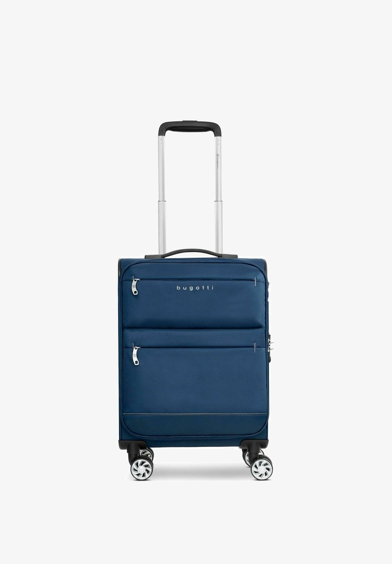 Valigia blu navy con ruote, dotata di un esterno in tessuto texturizzato, due cerniere frontali e un manico telescopico. Presenta quattro ruote multidirezionali.