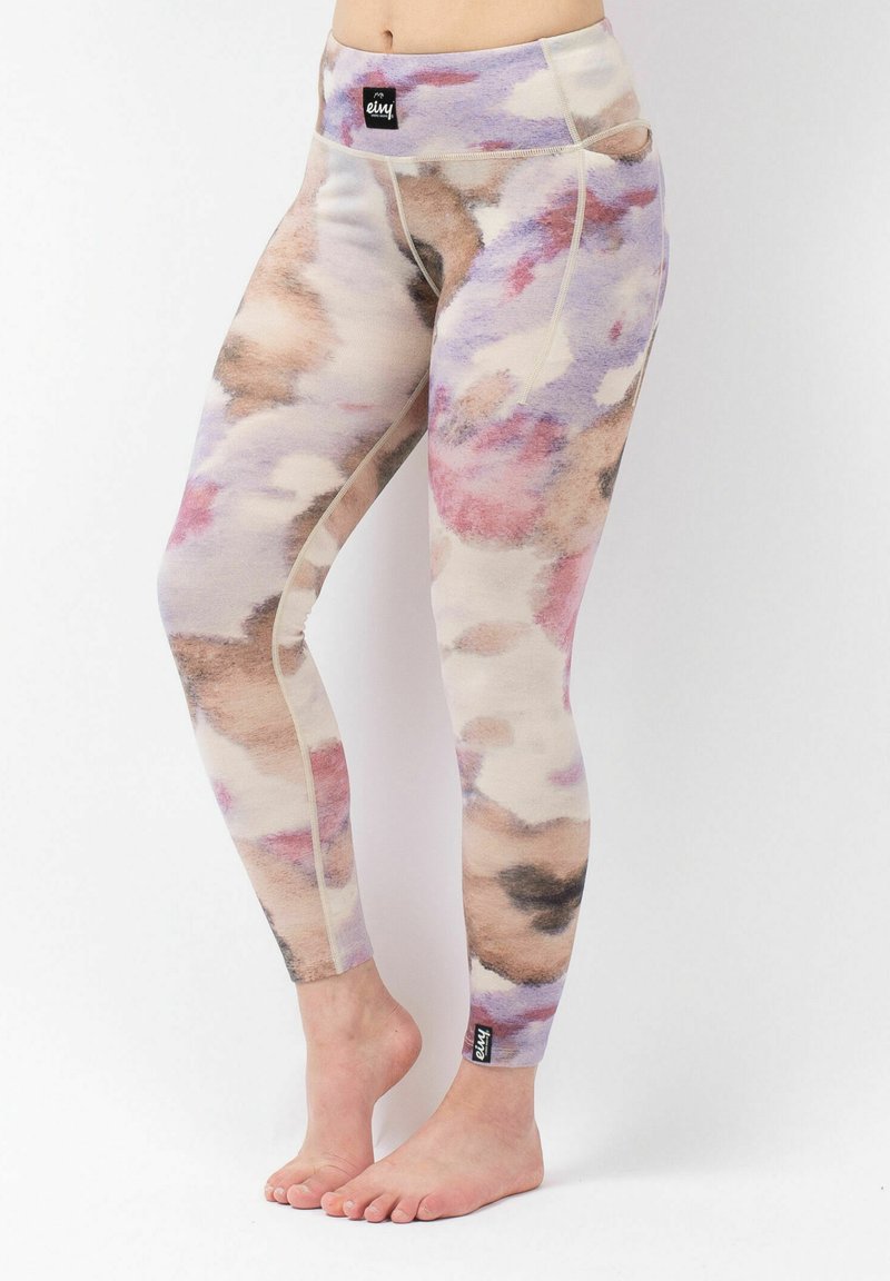 Leggings with a multicolored watercolor pattern featuring purple, pink, and brown tones. High-waisted design with a brand tag on the side.