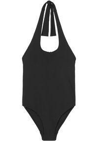 Schwarzer Badeanzug mit Halter-Trägern, Rundhalsausschnitt und hohen Beinausschnitten. Hergestellt aus glattem, dehnbarem Material. Einfaches Design.
