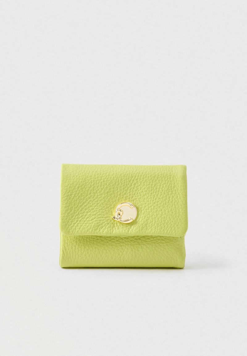 Malá limetkově zelená kožená peněženka se zlatým kruhovým uzávěrem, skládací design, umístěná na světle šedém pozadí.