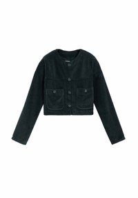 Chaqueta corta de pana en verde oscuro, con cuello redondo, mangas largas, botones delanteros y dos grandes bolsillos en el pecho.