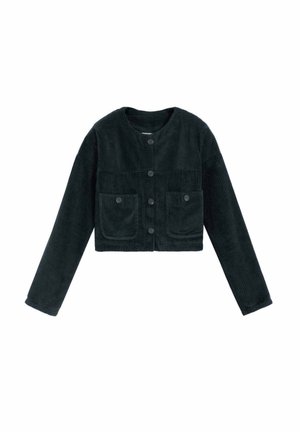 Chaqueta corta de pana en verde oscuro, con cuello redondo, mangas largas, botones delanteros y dos grandes bolsillos en el pecho.