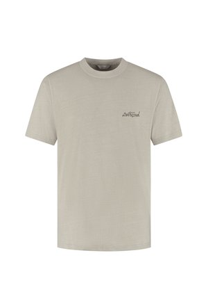 Beige T-shirt met korte mouwen en ronde hals met klein zwart "Dsquared" logo op de linkerborst.