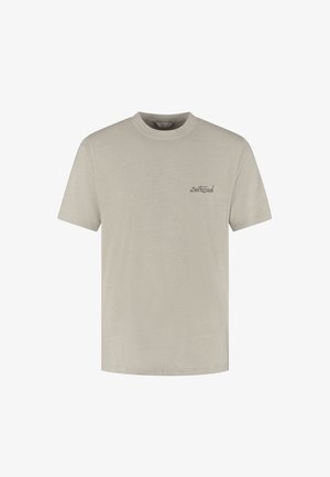 Beige T-shirt met korte mouwen en ronde hals met klein zwart "Dsquared" logo op de linkerborst.