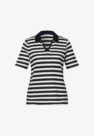 Short-sleeve black and white horizontal striped knit shirt with a black collar and V-neck opening.