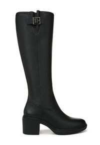 Black knee-high boots made of textured leather, featuring a block heel and a side strap with a buckle accent. Smooth sole and rounded toe.