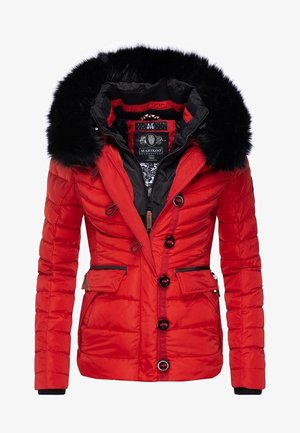 Red padded jacket with a plush black fur-trimmed hood, front buttons, zippered pockets, and a fitted silhouette.