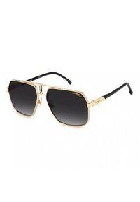 Occhiali da sole con montatura in metallo dorato e design geometrico, lenti nere sfumate e astine in acetato nero. Presentano il marchio Carrera sulla montatura.