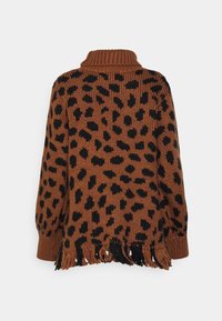 Brown knitted sweater with black leopard print, high collar, and fringed black hem. Features loose sleeves and soft texture.
