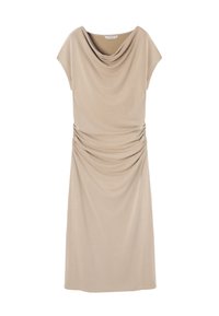Abito beige con scollo drappeggiato e maniche corte. Presenta dettagli arricciati sui lati. Realizzato in tessuto liscio e leggero.
