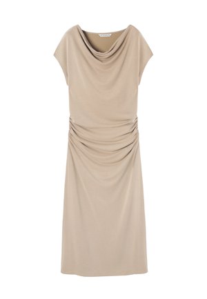 Vestido beige con escote drapeado y mangas cortas. Presenta detalles fruncidos en los laterales. Fabricado con un tejido liso y ligero.