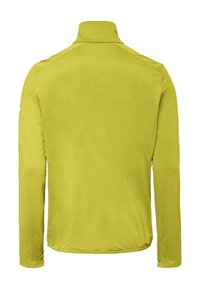 Langärmelige, limonengrüne, strukturierte Jacke mit hohem Kragen, von hinten auf weißem Hintergrund gezeigt.