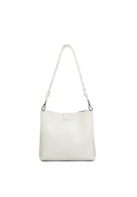 Sac à épaule en cuir blanc avec une finition texturée, doté d'une sangle unique et d'un design minimaliste. Fermeture par zip sur le dessus.