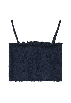 Schwarzes gerafftes Crop-Top mit dünnen verstellbaren Spaghettiträgern und Rüschensaum, flach auf weißem Hintergrund ausgelegt.