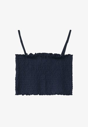 Zwart gerimpeld cropped topje met dunne verstelbare spaghetti bandjes en gerufflede randen, platgelegd op een witte achtergrond.