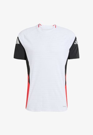 Weißes, kurzärmliges Sportshirt mit schwarzen Ärmeln und roten Seitenelementen. Verfügt über einen Rundhalsausschnitt und wird aus strukturiertem Material hergestellt. Mit Aeroready-Technologie.