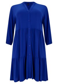 Blaues, langärmeliges Kleid aus weichem Material, mit Knopfverschluss, V-Ausschnitt, gerafften Stufen und lockerer Passform für Komfort.