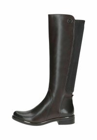 Bottines en cuir marron haute jusqu'aux genoux avec une finition lisse, un panneau côtelé à l'arrière et un petit talon carré. Détail de logo discret près du haut.
