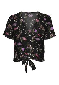 Chemisier noir à manches courtes avec col en V, boutonnage frontal et détail à nouer à l'ourlet, orné de motifs floraux violets et roses.