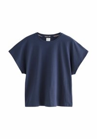 T-shirt in cotone blu navy con scollatura rotonda, maniche corte e vestibilità ampia. Presenta una texture liscia e un design semplice.