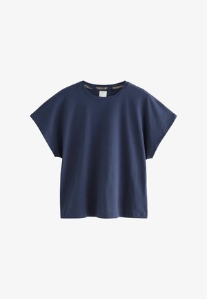 Navy blue cotton t-shirt with a round neckline, short sleeves, and a relaxed fit. Features a smooth texture and simple design.