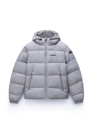Light gray padded jacket with hood, front zipper, zippered side pockets, elastic cuffs, and Napapijri logo on chest and sleeve.
