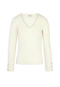 Crème-kleurige trui met een ribbelstructuur, V-hals en lange mouwen. Voorzien van accenten met goudkleurige knopen op de mouwboorden.