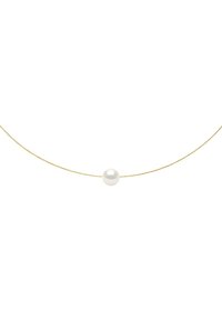 Collier en or arborant une seule perle blanche ronde sur une fine chaîne, mettant en avant un design minimaliste avec une texture lisse et brillante.