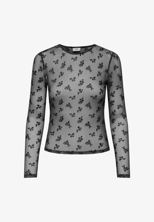 Czarna przezroczysta bluzka z długim rękawem, pokryta drobnymi czarnymi wzorami kwiatowymi, z okrągłym dekoltem.