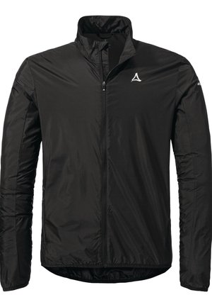 Black lightweight jacket with a high collar, full front zipper, and elastic cuffs. Features a logo on the chest and is made of a shiny material.