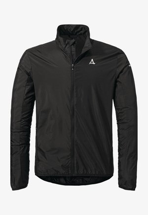 Schwarze, leichte Jacke mit hohem Kragen, durchgehendem Reißverschluss und elastischen Bündchen. Sie hat ein Logo auf der Brust und besteht aus einem glänzenden Material.