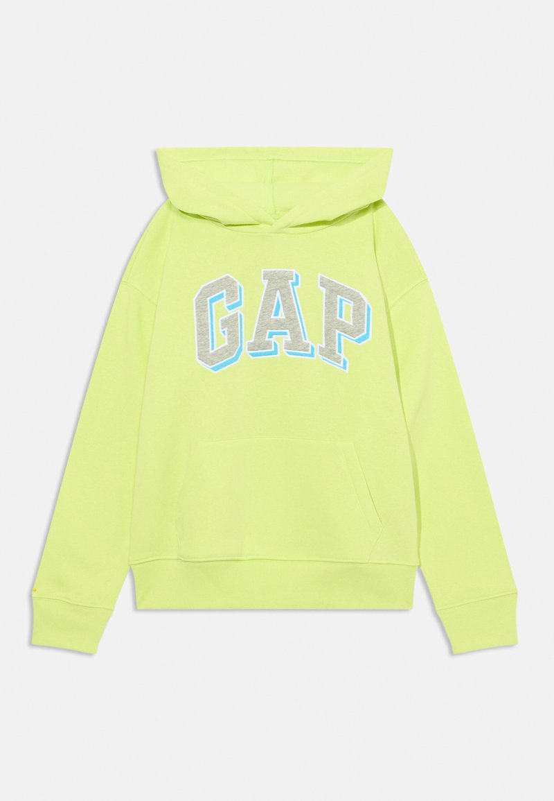 Huvtröja i klar neongul med en framficka. Har "GAP"-logotyp i grått med blå detaljer. Tillverkad av bomull, avslappnad design.