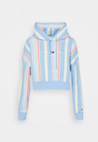 Sudadera recortada en azul claro con rayas verticales en colores pastel. Cuenta con capucha, cordones y un logo en la parte frontal. Tejido de mezcla de algodón.