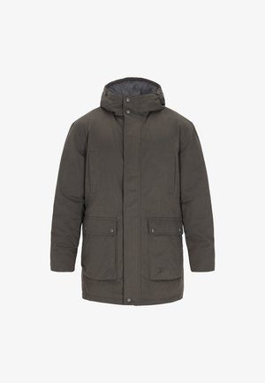 Tumedast roheline isoleeritud parka jope eemaldatava kapuutsiga, kahe rinna taskuga, nupuvajutustega ja pehme sisekattega.