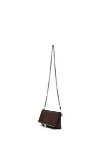 Black leather crossbody bag with fold-over flap and silver chain strap, displayed against a white background.