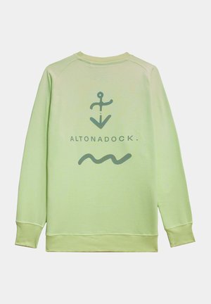 Sudadera verde claro con cuello redondo, puños de canalé y un diseño gráfico en la parte trasera que presenta un símbolo de ancla y una línea ondulada.