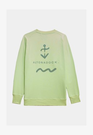 Sudadera verde claro con cuello redondo, puños de canalé y un diseño gráfico en la parte trasera que presenta un símbolo de ancla y una línea ondulada.