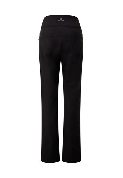 Schwarze Hose mit glatter Textur, ausgestattet mit einem breiten Bund, Gesäßtaschen und geradem Bein. Logo am Bund.