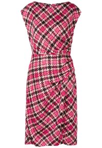 Rosa und schwarze Hahnentritt-Musterkleid mit tailliertem Schnitt, kurzen Ärmeln und gerafftem Detail an der Seite. Glattes, gewebtes Material.